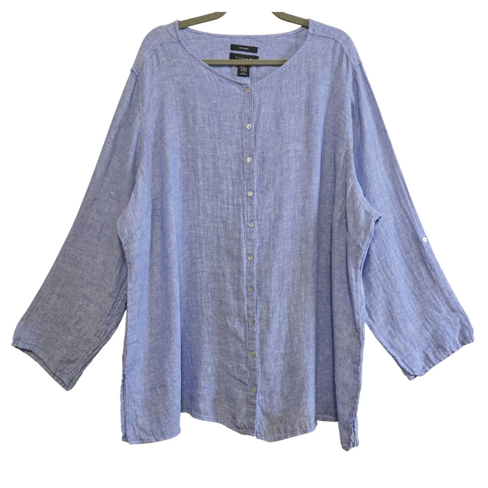 Tahari Womens 3X Blue Linen Lagenlook Button Down Tunic Roll Tab Sleeve Shirt